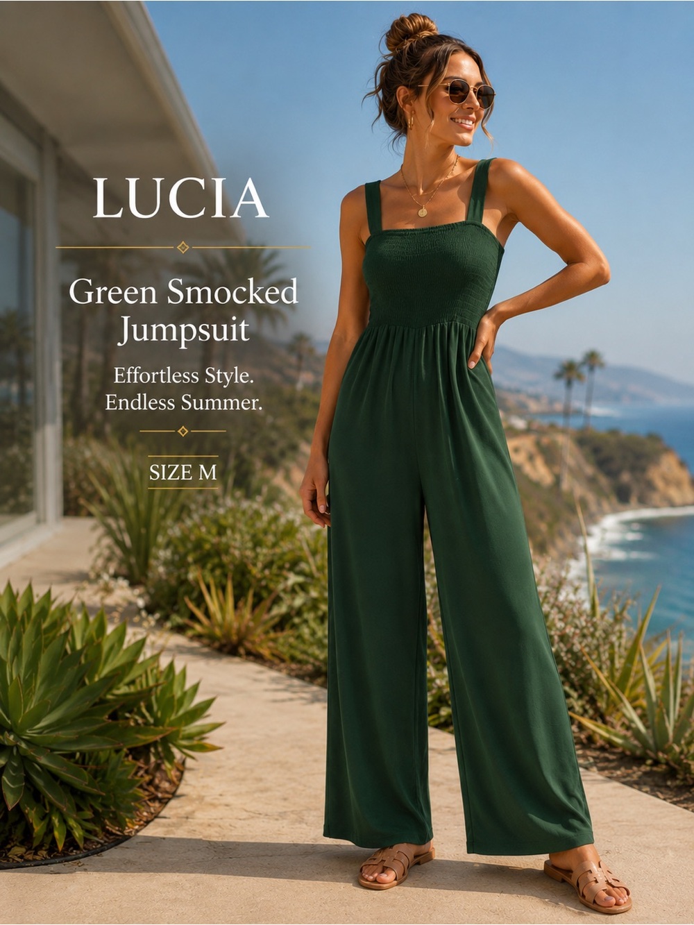 Lucia Smocked Wide Leg Jumpsuit Green Sleeveless Pocketed Size Medium